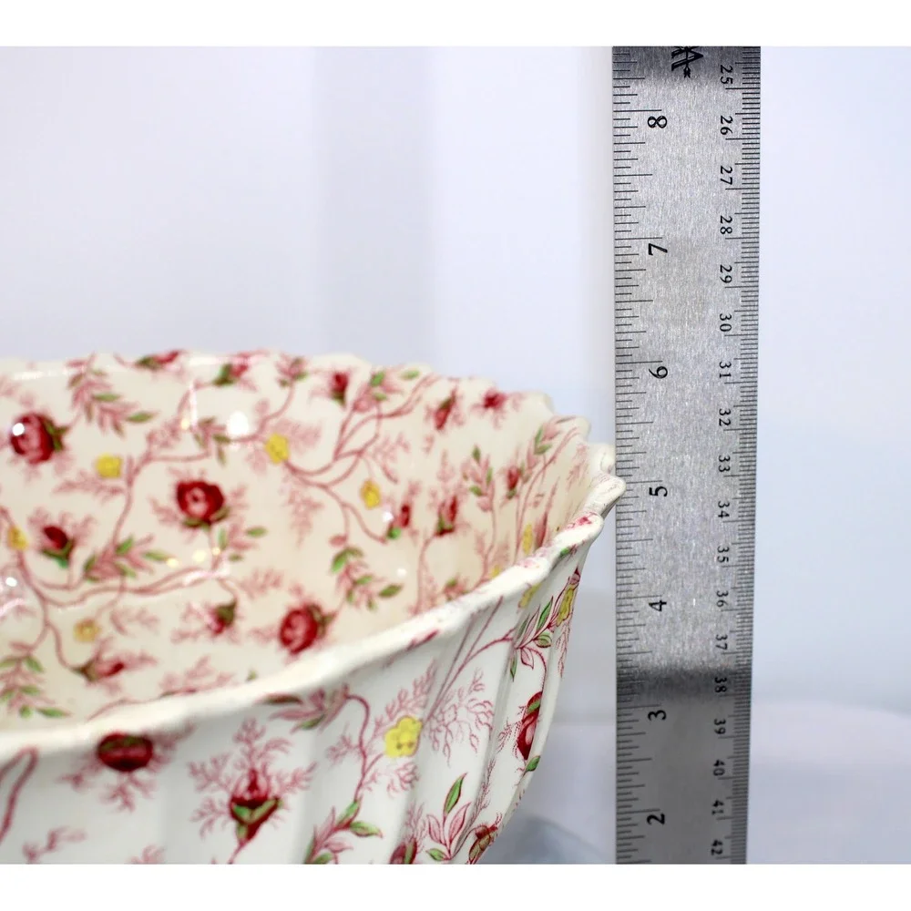 Spode England Rosebud Chintz Footed Punch Bowl Scalloped Floral Vintage 10 inch